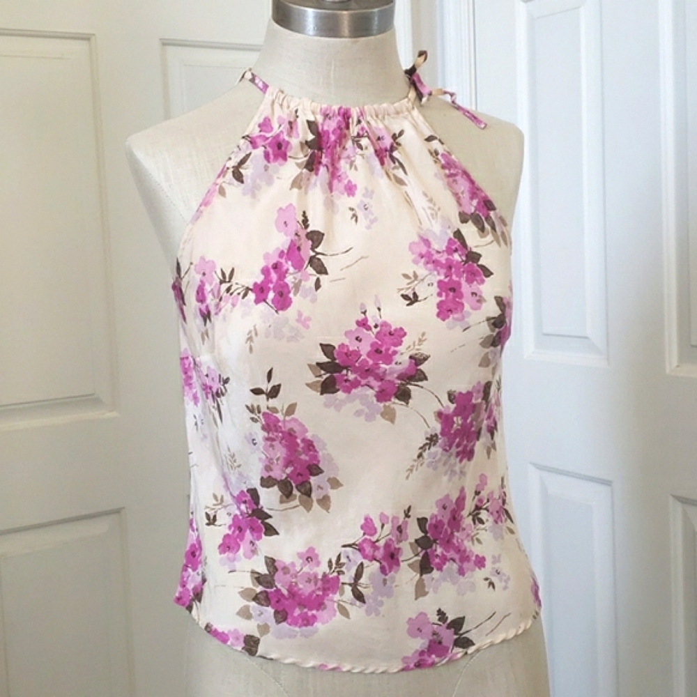 LOFT Ann Taylor 100% Silk Floral Halter Top Cream Pink Purple Lilac • SIZE SMALL - Picture 2 of 8